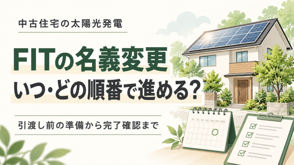 太陽光パネル付き住宅とカレンダー、確認書類を描いた、FIT名義変更の時期と手順を解説する記事の画像