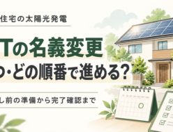 太陽光パネル付き住宅とカレンダー、確認書類を描いた、FIT名義変更の時期と手順を解説する記事の画像