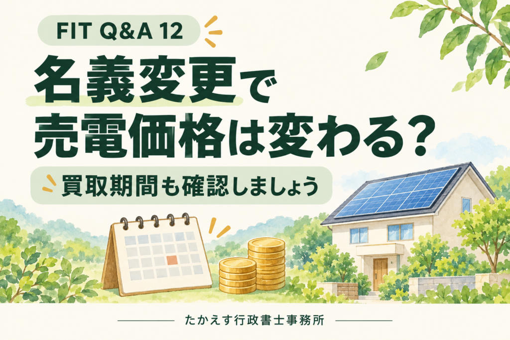 太陽光発電の売電価格と買取期間を、住宅とカレンダーのイラストで確認するイメージ