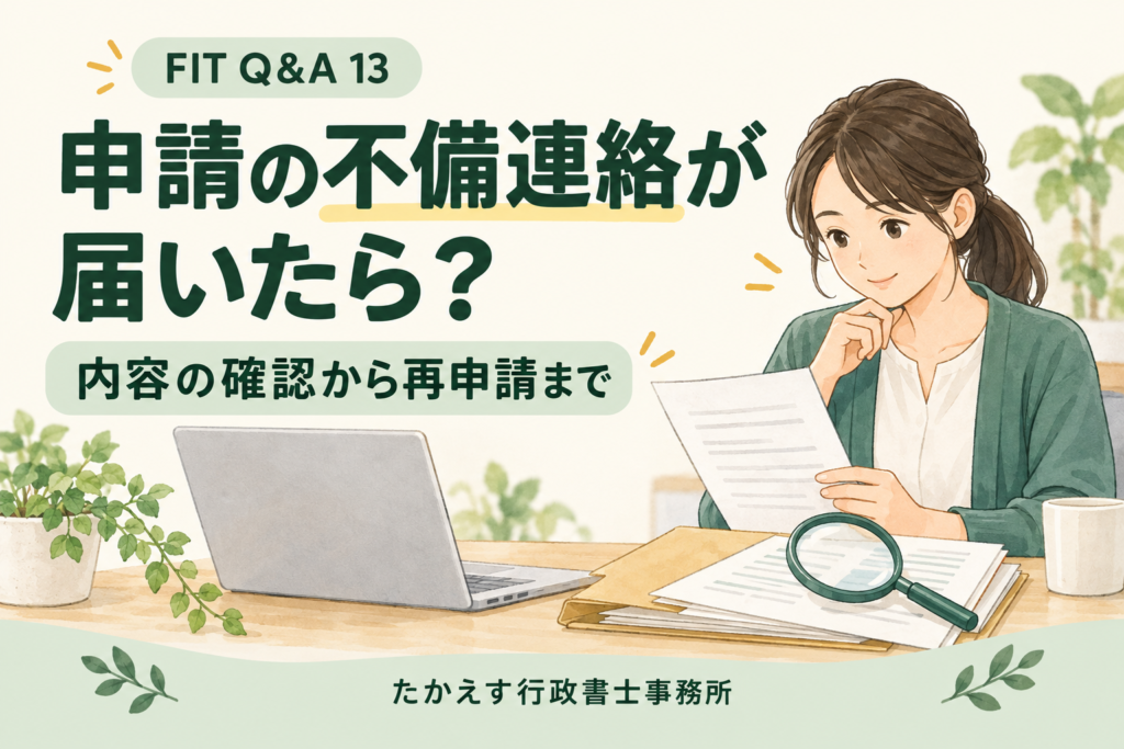 FIT申請の不備内容をパソコンと書類で落ち着いて確認するイメージ