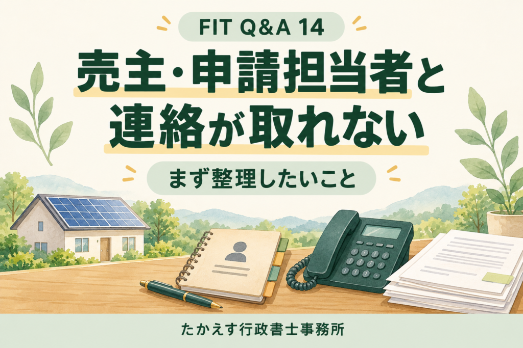 連絡先と太陽光発電の資料を並べ、FIT名義変更で不明な点を整理するイメージ