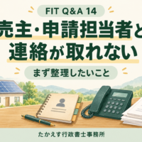 連絡先と太陽光発電の資料を並べ、FIT名義変更で不明な点を整理するイメージ