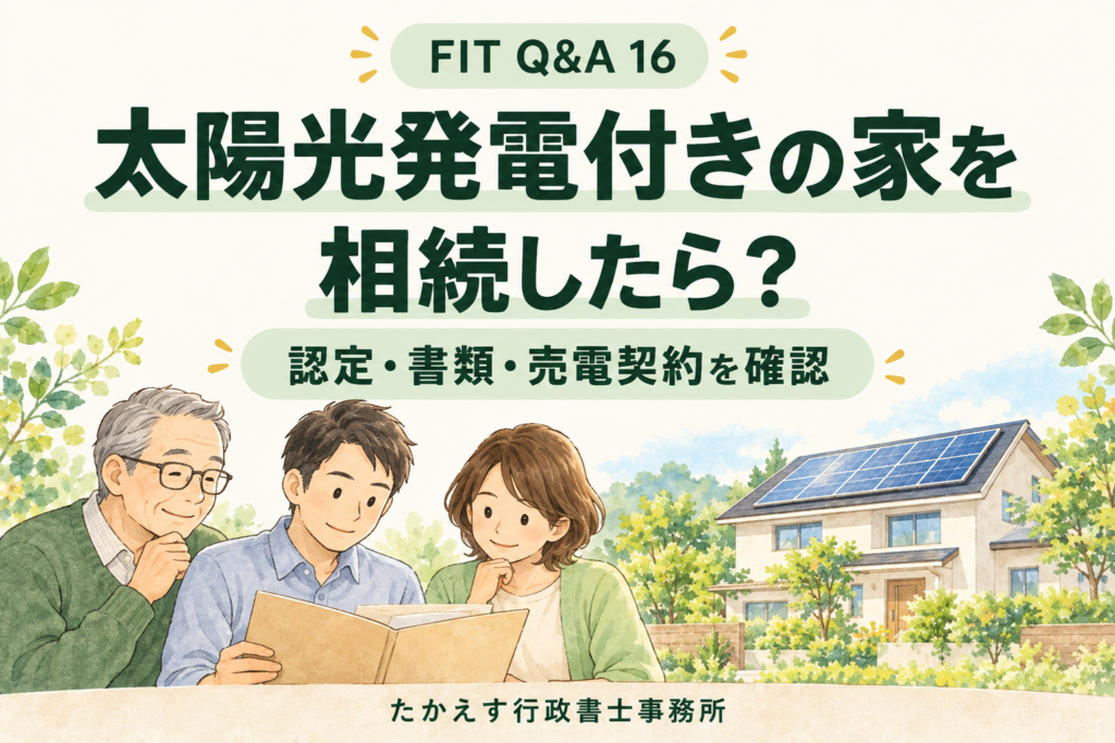 太陽光発電付きの家の相続について、家族が書類を整理するイメージ