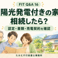 太陽光発電付きの家の相続について、家族が書類を整理するイメージ
