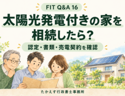 太陽光発電付きの家の相続について、家族が書類を整理するイメージ