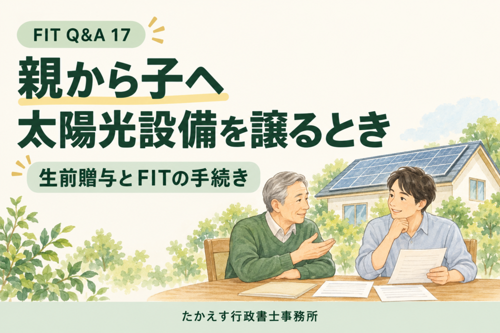 親と成人した子が、太陽光発電設備の引継ぎについて書類を確認するイメージ